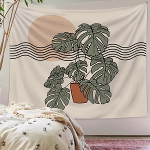 Modern minimalist wall tapestry with monstera leaves and sun design for bedroom decor
