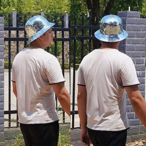 Cappello da pescatore disco mirror per feste con tessere di vetro argento riflettenti
