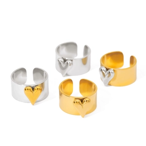 Minimalist wide band stainless steel open rings with 3D heart motifs in gold and silver