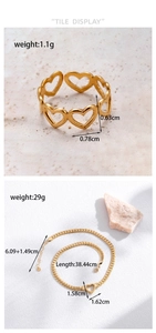 Detailed view of hollow heart ring and flat chain necklace with measurements and specifications