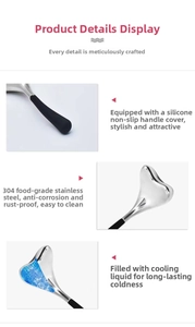 Detail of heart-shaped stainless steel facial ice globe with ergonomic silicone handle