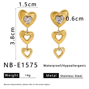 Waterproof 18K gold plated multi-layer heart tassel earrings in textured stainless steel