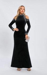Elegant black velvet long sleeve dress with pearl and rhinestone neck detail