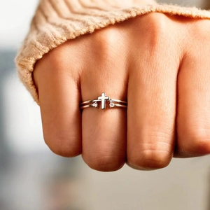 925 Sterling Silver Open Ring For Women With Cross Design Double Layer Inlaid Zircon Vintage Simple Adjustable Finger Jewelry