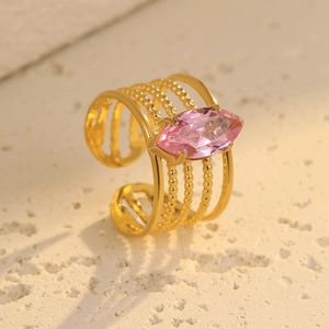Adjustable wide gold-plated ring featuring tiered bands and a pink marquise zircon stone