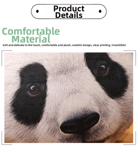 Macro detail of plush panda pillow showing high-definition realistic fur texture and print