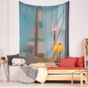 Detail of bohemian tapestry featuring a warm lamp and radio pattern in a cozy bedroom