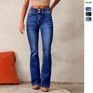 Women's High Waist Flare Jeans Double Button Slim Fit Vintage Washed Stretch Denim Bootcut Long Pants
