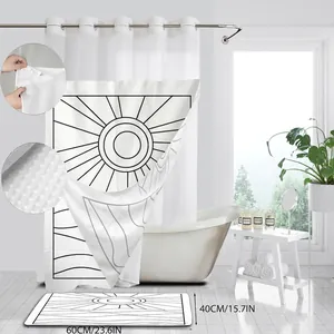 White waffle weave shower curtain with sunburst pattern and matching 60x40cm bath mat set