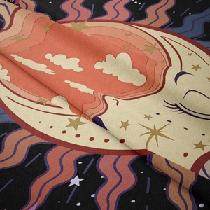 Detailed close-up showing the celestial sun and stars pattern on bohemian woven tapestry