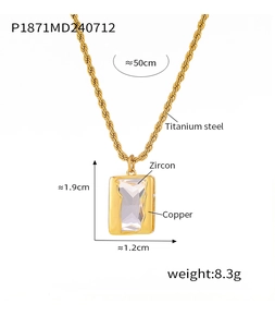 Detail of 18k gold plated titanium steel chain with a 1.9x1.2cm zircon pendant