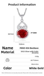 Detailed size specifications for S925 silver necklace with red zircon pendant