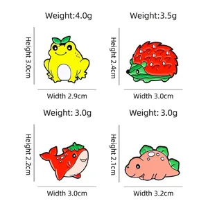 Cartoon animal enamel pins including frog, hedgehog, whale and dinosaur with size charts
