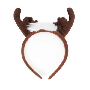 Detailed view of brown plush antler headband with soft white fuzzy tips and fabric texture