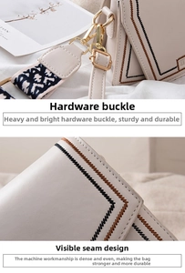 Détails des crochets dorés et de la bandoulière tissée sur sac beige chic