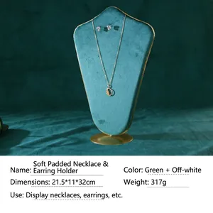 Green velvet necklace display stand with gold metal base and dimensions 21.5x11x32cm