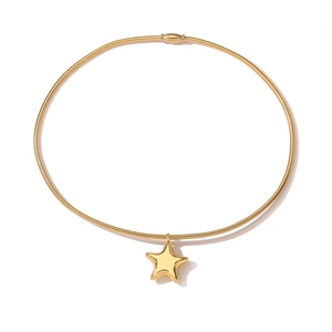 Detailed view of a gold stainless steel star pendant necklace with delicate chain link