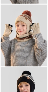 Detail of kids knit winter set with earflaps hat, neck warmer and touchscreen gloves