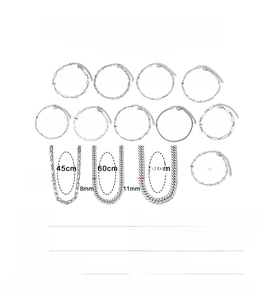 Size chart showing width and length specifications for stainless steel hip hop chain jewelry