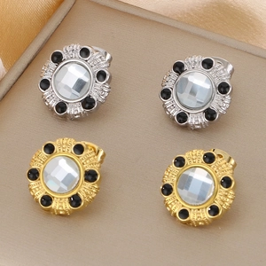 Boucles D'oreilles Puces Rondes En Acier Inoxydable Vintage Avec Cristal Carré Et Décoration De Perles Noires Pour Femmes