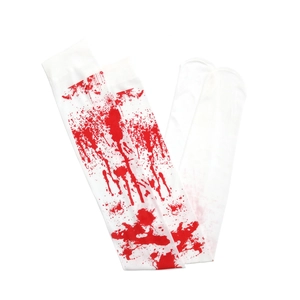 Detailed view of white Halloween over-knee socks with red blood splatter pattern