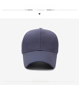 Close-up of navy blue cotton baseball cap with embroidered logo and breathable eyelets