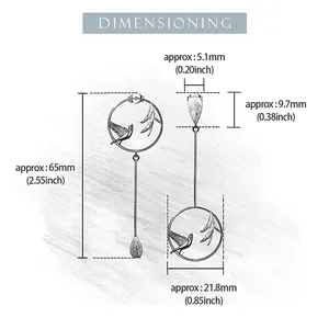 Detailed size measurement chart for S925 silver bamboo bird earrings in millimeters and inches