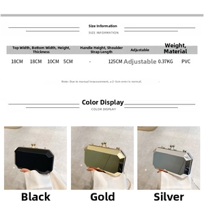 Size chart for the octagon acrylic clutch bag with detailed measurements and color options