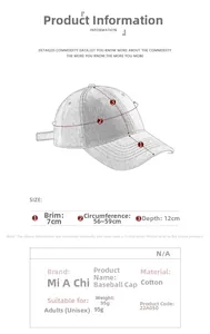 Größentabelle für Baseballkappen mit Maßen für Schirm, Tiefe und Kopfumfang