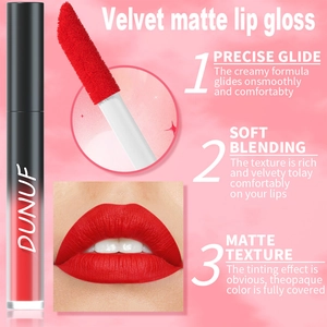 Détails du gloss mat velours montrant l'applicateur précis et le fini rouge crémeux