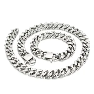 Cuban Link Chain Necklace And Bracelet Polished 316L Stainless Steel Simple Punk Style Bold Hip Hop Silver Color Jewelry