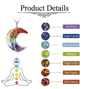 Tree of Life crescent moon necklace with 7 chakra gemstones and stainless steel chain