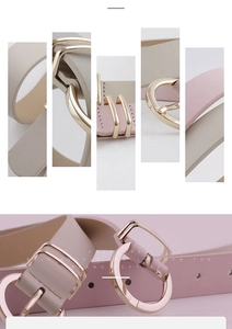 Détails de ceintures en cuir rose et gris avec boucles métalliques dorées