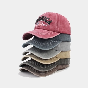 Vintage washed cotton baseball caps with America embroidery in multiple colors