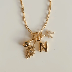 Gold paperclip chain necklace with snake, evil eye, letter N, and cross charms