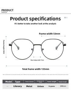 Detailed dimension chart showing size 53mm lens and 144mm temples for square metal glasses