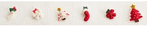 Flat lay of wool felt Christmas tree and snowflake ornaments on white knitted fabric