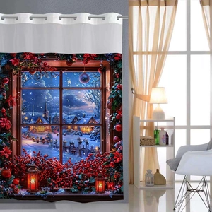 Rideau De Douche Nain De Noël Village De Neige Tissu Gaufre Imperméable Sans Crochet Doublure Amovible Ourlet Magnétique