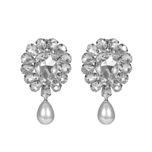 Elegant silver earrings with sparkling rhinestones and drop pearl pendant on white background