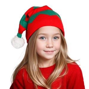 Kids red and green striped knit Christmas elf hat with a white pompom and soft texture