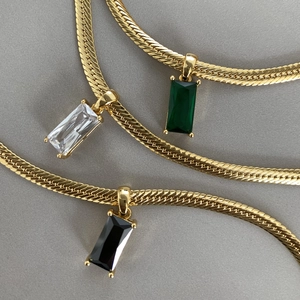 Minimalist Women Rectangular Zircon Pendant Necklace Copper 18K Gold Plated Elegant Flat Snake Bone Chain Jewelry Gift