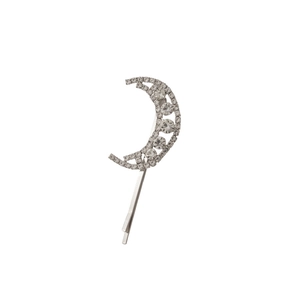 Elegant silver crescent moon hair clip with sparkling diamonds and minimalist metal design