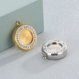 Gold and silver geometric round pendant bases with sparkling zircon border for DIY jewelry