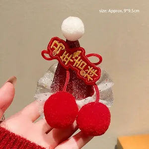 New Year red pompom hat hair clip with sequins and Ping An Xi Le gold embroidery