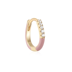 Close-up of gold huggie earring with pink enamel finish and sparkling zircon stones
