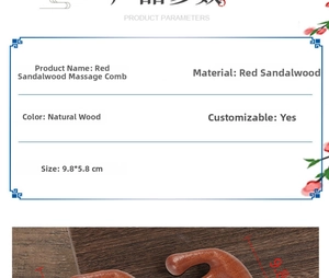 Detail view of sandalwood massage comb with dimensions 9.8x5.8cm and ergonomic wavy teeth