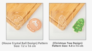 Macro view of Christmas crystal ball and tree acrylic cookie stamps with precise dimensions