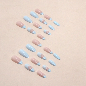 24pcs set of light blue and pink press-on nails in long almond shape with geometric design