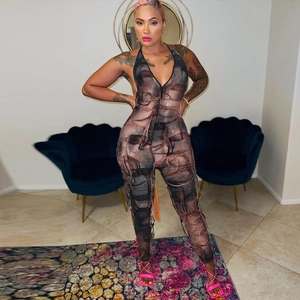 Sexy Neckholder Jumpsuit für Damen aus transparentem Mesh mit abstraktem Muster und Cut-outs