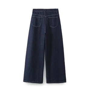 Back view of deep indigo wide-leg jeans with high-quality denim texture and rear pockets